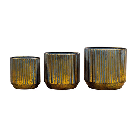Gallery Direct Evvelle Ribbed Planters Set of 3 in bronze iron with verdigris patina, cylindrical fluted bodies and faceted bases on a white background.