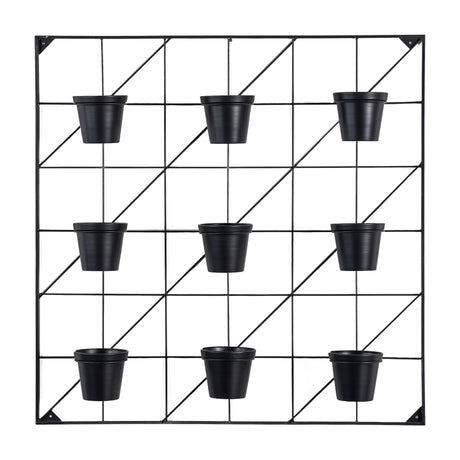 Gallery Direct Carvorne wall-mounted square iron grid planter in matt black with nine tapered pots arranged in a three by three layout.