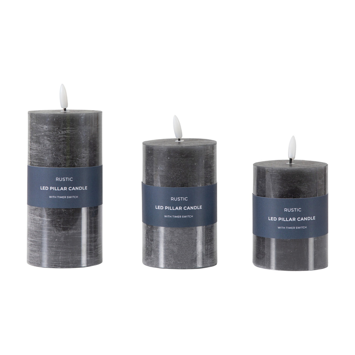 Rustic LED Pillar Candle Set of 3 with Timer – Slate Grey