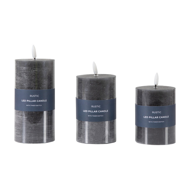 Rustic LED Pillar Candle Set of 3 with Timer – Slate Grey