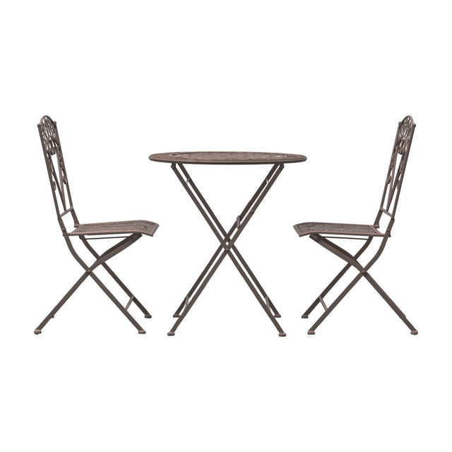 Gallery Direct Brinvane Folding Bistro Set with round iron table and two matching scrollwork chairs in brown, on a plain white background.