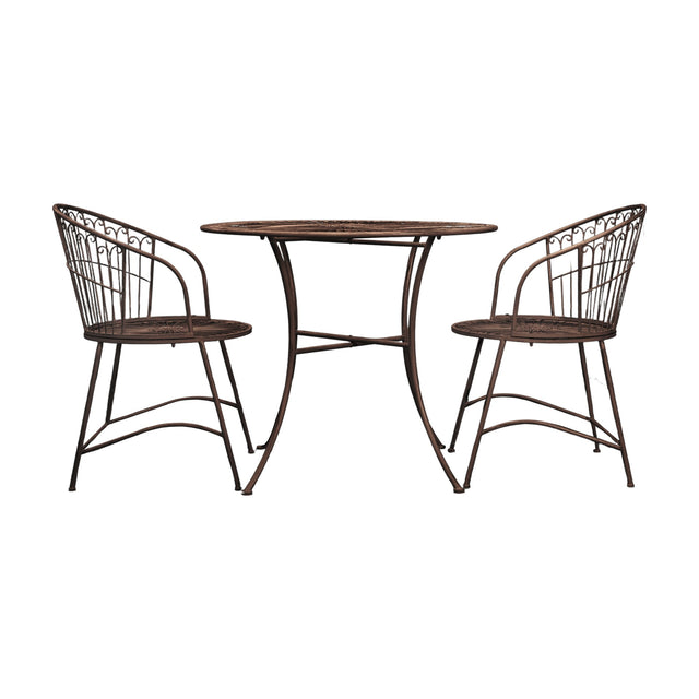 Gallery Direct Siravane 2 Seater Bistro Set in bronze-finish iron with a round scrolled table and two curved armchairs on a white background.
