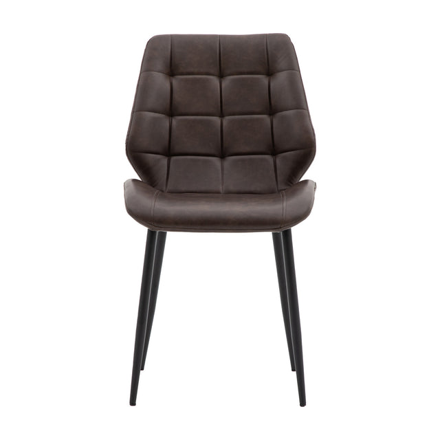 Gallery Direct Manvorne dining chair in brown woven fabric with grid-stitched scoop back, padded seat and tapered black iron legs on a white background.