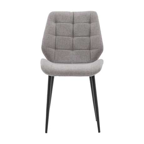 Gallery Direct Manvorne dining chair in light grey woven fabric with grid-stitched scoop back and tapered black iron legs, front view on white.
