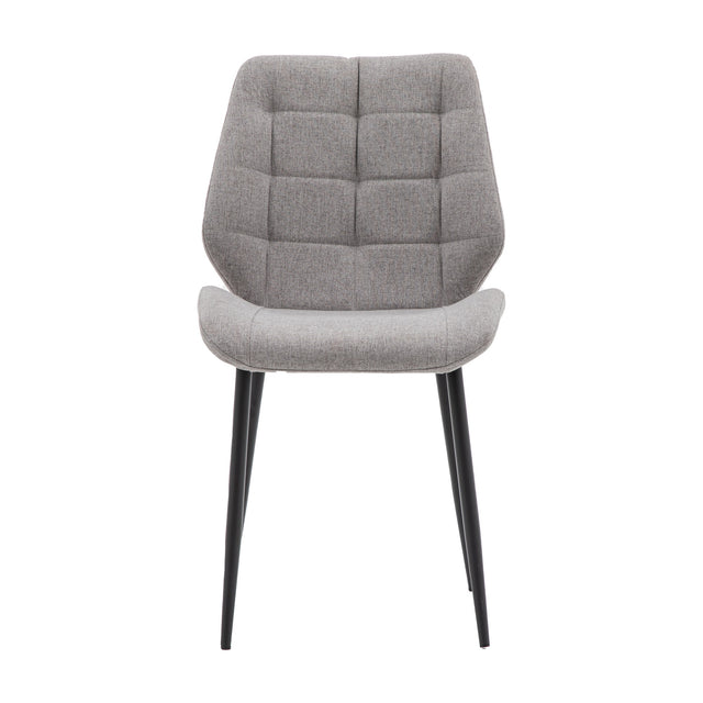 Gallery Direct Manvorne dining chair in light grey woven fabric with grid-stitched scoop back and tapered black iron legs, front view on white.