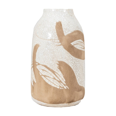Gallery Direct Goyvane Ceramic Vase in cream crackle glaze stoneware with sandy brushstroke leaf motifs and a tall rounded body with open neck.