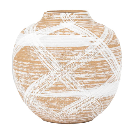 Gallery Direct Tarvane Vase in sandy stoneware with rounded body, short neck and hand-painted white crossed brushstrokes, on a plain background.