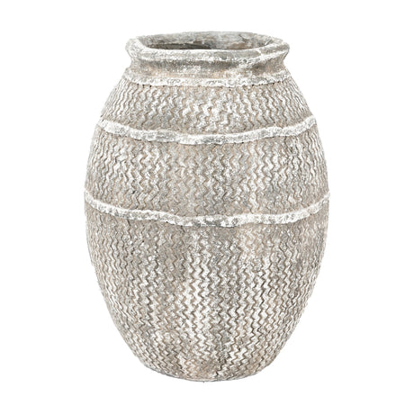 Gallery Direct Zanvane textured cement vase in weathered grey with white-washed zigzag pattern and raised horizontal bands, flared rim urn shape.