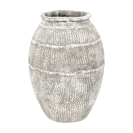 Gallery Direct Zanvane textured cement vase in weathered grey with white-washed zigzag pattern, raised horizontal bands and flared rim, on a white background.
