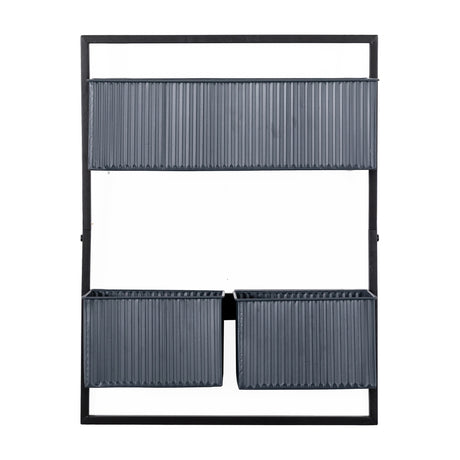 Gallery Direct Chadvane wall-mounted planter with a matt black iron frame holding three ribbed grey metal boxes across two tiers, on a white background.