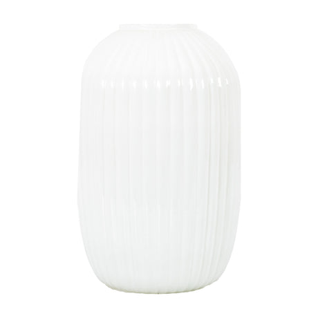 Gallery Direct Fjorvane medium ribbed glossy white glass vase with rounded tapering body and narrow opening, shown on a plain white background.