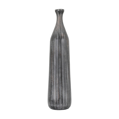 Gallery Direct Enyvane Ribbed Bottle Vase in textured grey aluminium, tall slim bottle shape with flared rim and vertical ribbing, on a white background.