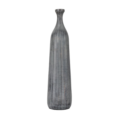 Gallery Direct Enyvane Ribbed Bottle Vase in textured grey aluminium, tall slim shape with narrow neck and flared rim, on a plain white background.