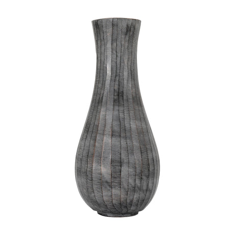 Gallery Direct Enyvane Fluted Vase in dark grey aluminium with curved tapered form and fine horizontal ridging, shown on a plain white background.
