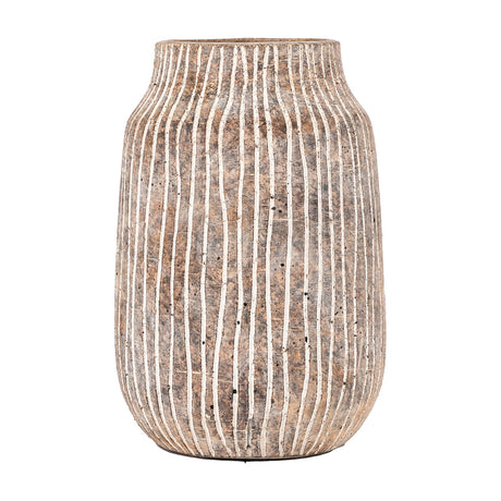 Gallery Direct Potvane small earthenware vase in earthy brown with vertical white ribbing, speckled textured finish and narrowed neck, on a white background.