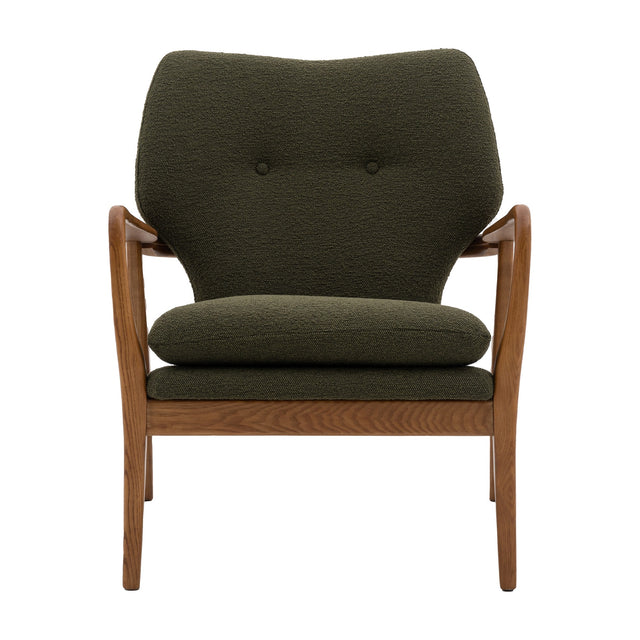 Gallery Direct Jenvane Bouclé Armchair in green with buttoned back, padded cushion and shaped oak show-wood frame, front view on white.