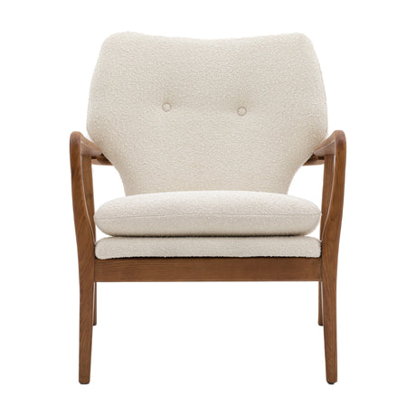 Gallery Direct Jenvane Bouclé Armchair in cream with buttoned back, curved oak show-wood arms and legs, shown front-on against a white background.