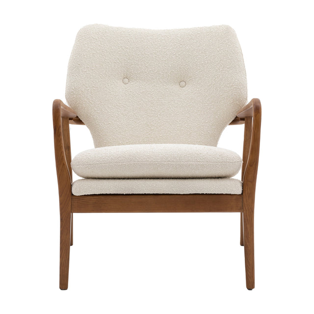Gallery Direct Jenvane Bouclé Armchair in cream with buttoned back, curved oak show-wood arms and legs, shown front-on against a white background.