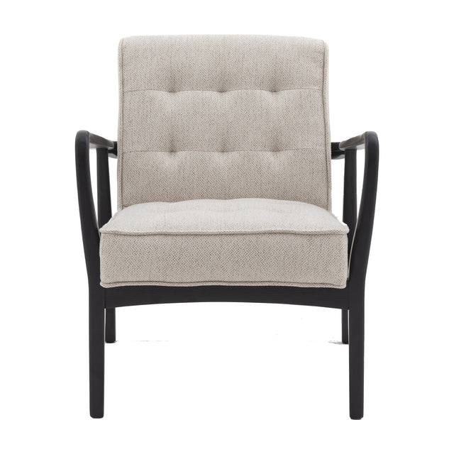 Gallery Direct Humvane Armchair with natural linen buttoned upholstery and sculpted solid oak frame in black finish, shown against a white background.