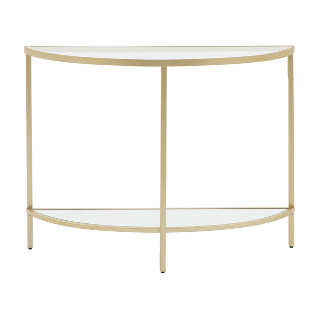 Gallery Direct Hudvane Console Table in champagne finish, half-moon metal frame with two clear glass shelves, shown on a plain white background.