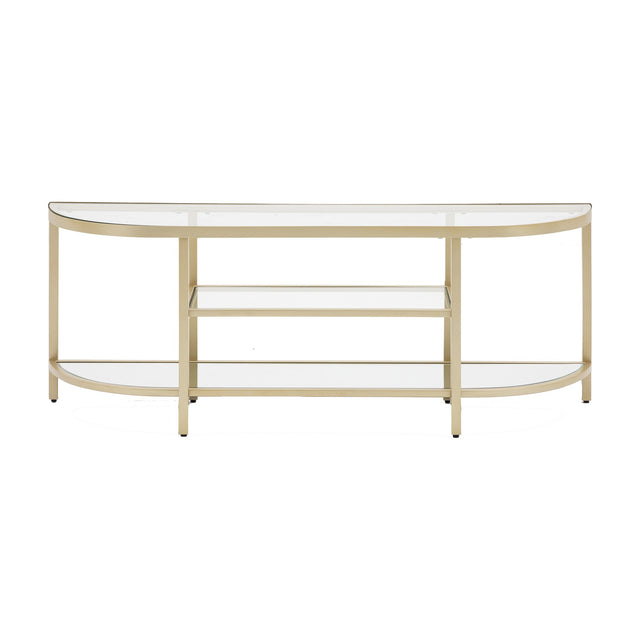 Gallery Direct Hudvane Media Unit with a champagne metal demilune frame and three clear glass tiers, shown against a plain white background.
