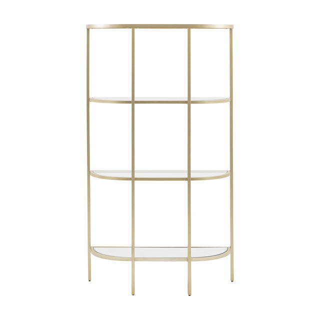 Gallery Direct Hudvane Half-Moon Display Unit with a champagne metal frame and four tiers of clear glass shelves on a plain white background.