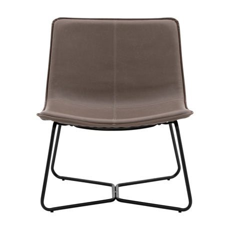 Gallery Direct Hawvenne Lounge Chair in brown PU faux leather with quilted seam and black iron sled base, shown front-on against a white background.