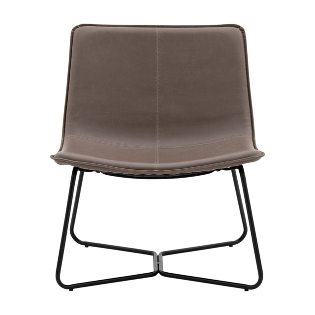 Gallery Direct Hawvenne Lounge Chair in brown PU faux leather with quilted seam and black iron sled base, shown front-on against a white background.