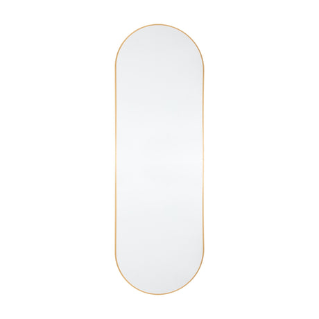 Gallery Direct Wenvel pill-shaped wall mirror with a slim gold aluminium frame, portrait orientation, shown against a plain white background.