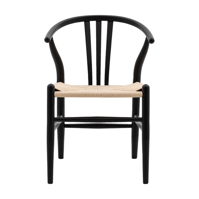 Gallery Direct Whitnelle Wishbone dining chair in black elm with Y-shaped back splat and hand-woven natural kraft paper cord seat, on a white background.