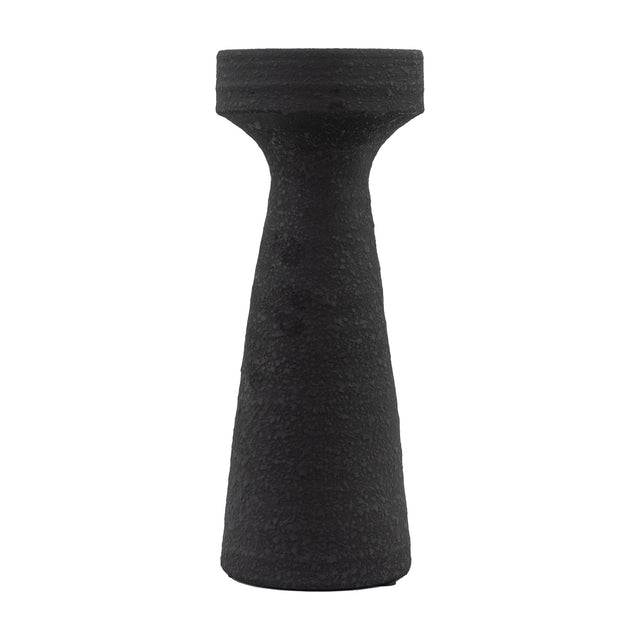 Gallery Direct Luvane textured ceramic pillar candle holder in matte black with a wide flat top, slim waist and flared base on a white background.