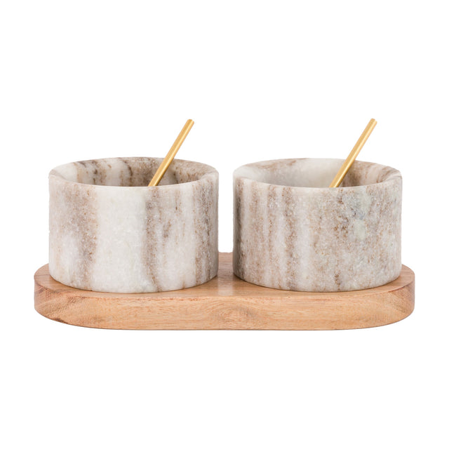 Novi Marble Pinch Pot and Spoon Set of 2 with Acacia Tray – Beige