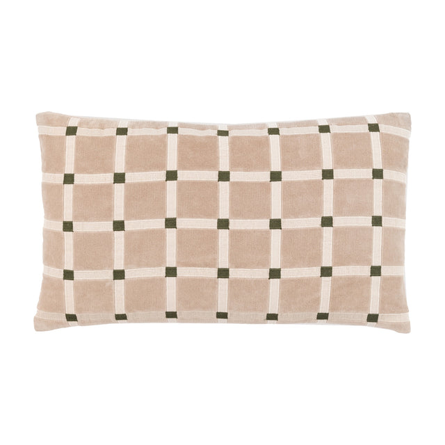 Gallery Direct Sanvane Velvet Grid Cushion in taupe with cream embroidered grid and dark contrast squares, rectangular lumbar shape on a white background.
