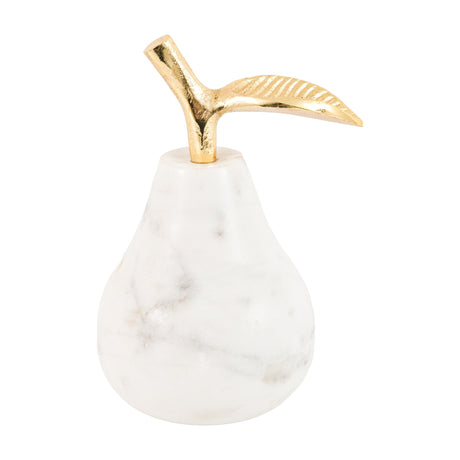 Gallery Direct Pervelle white marble pear ornament with natural grey veining and a polished gold-tone aluminium stem and leaf on a plain background.