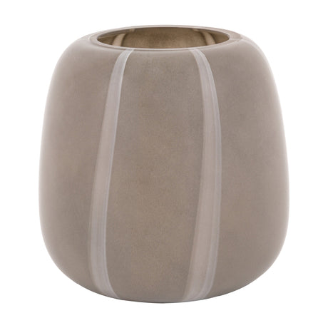Gallery Direct Clarelle Striped Glass Vase in frosted taupe with rounded tapered body, wide opening and clear vertical stripes, on a plain background.