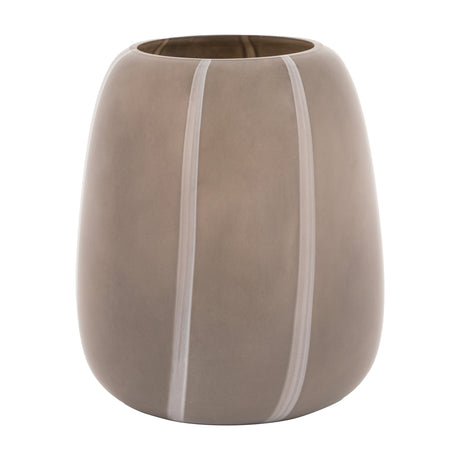 Gallery Direct Clarelle frosted taupe glass vase with rounded tapered body, wide opening, and clear vertical stripes, shown on a plain white background.