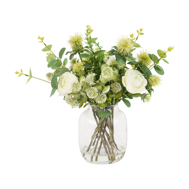 Artificial Rose & Eucalyptus Arrangement in Glass Vase – Green
