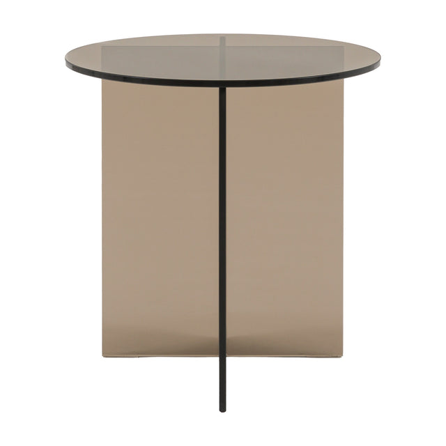 Gallery Direct Parvane Glass Side Table in bronze tinted glass with a round top and crossed panel base, shown on a plain white background.