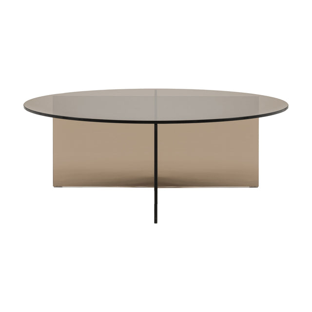 Gallery Direct Parvane Round Glass Coffee Table with bronze tinted round top and cross-shaped glass base with slim metal spine, on a white background.