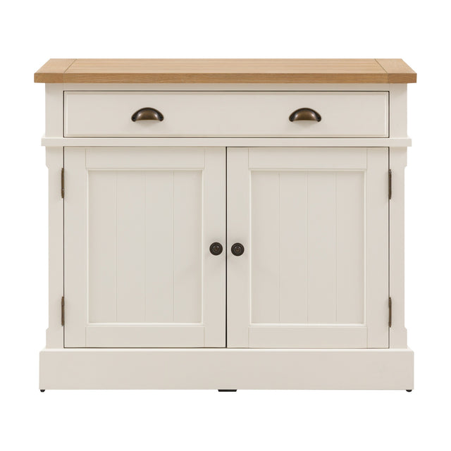 Gallery Direct Etvorne 2 Door Sideboard in white with tongue-and-groove panelled doors, wide drawer, aged metal cup handles and oak veneer top.