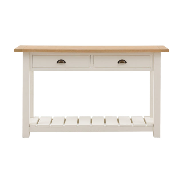 Gallery Direct Etvorne console table with oak veneer top, two drawers with aged metal cup handles, and slatted white lower shelf on a plain background.