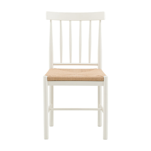 Gallery Direct Etvorne Spindle-Back Dining Chair in white oak with turned spindles, curved top rail and hand-woven rope chevron seat on a plain background.