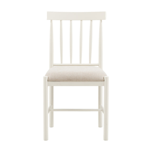 Gallery Direct Etvorne Spindle-Back Dining Chair in white oak with turned spindles, curved top rail and pale woven fabric seat, on a white background.