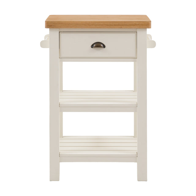 Gallery Direct Etvorne Butchers Block Kitchen Trolley in painted white with oak top, cup-handle drawer and two slatted shelves on a white background.
