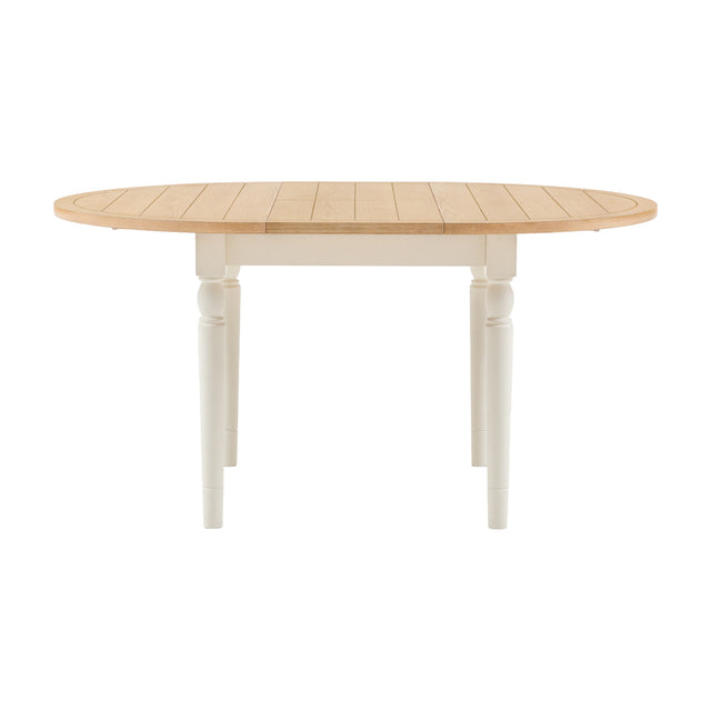Gallery Direct Etvorne Round Extending Dining Table with oak veneer plank-effect top and turned cream tapered legs, shown on a plain white background.
