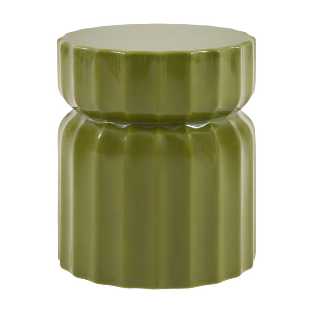 Gallery Direct Cirvane Fluted Ceramic Side Table in glossy Verde green, spool shape with fluted drum top and ribbed base, on a white background.