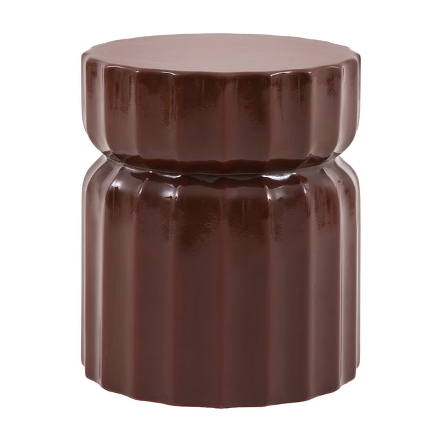 Gallery Direct Cirvane Fluted Ceramic Side Table in glossy rust brown, with a fluted spool shape, drum top and ribbed base, on a white background.