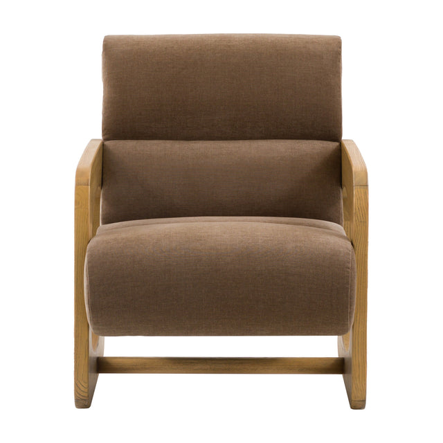 Gallery Direct Marvenne Armchair with sled-style ash frame and earthy brown chenille cushions on a plain white background.
