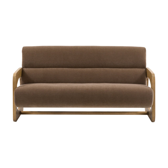 Gallery Direct Marvenne 3 Seater Sofa in Verona Sepia woven polyester with curved natural ash arms and base stretcher, on a plain white background.