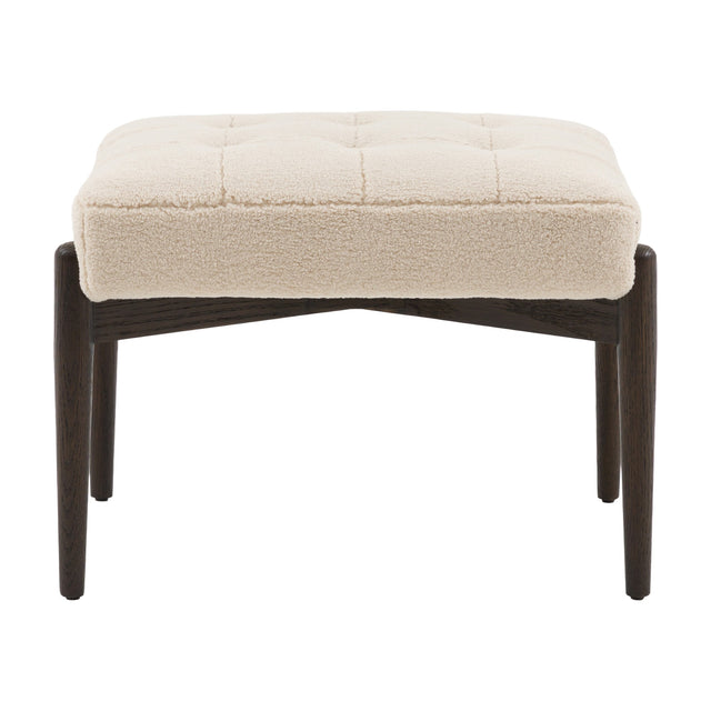 Gallery Direct Humvane Tufted Footstool with cream bouclé quilted top on a dark wooden four-leg mid-century base, on a plain white background.